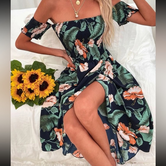 Blue & Green Off-Shoulder Dress - Picture 1 of 3